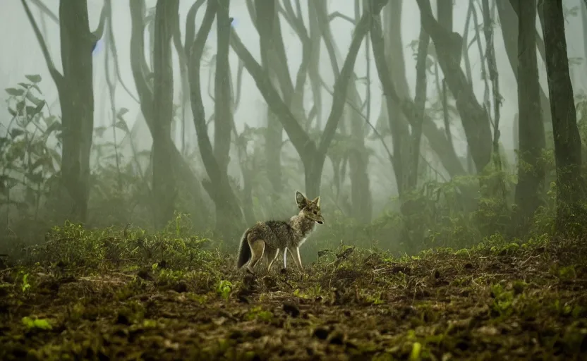 Prompt: a coyote in a foggy jungle, photography