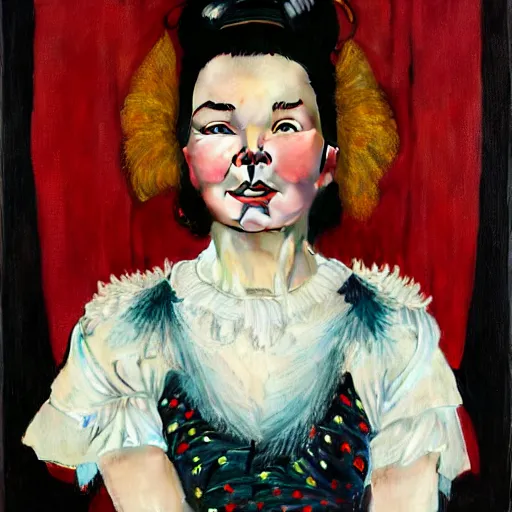 Image similar to a portrait painting of Bjork. Painted by Norman Rockwell