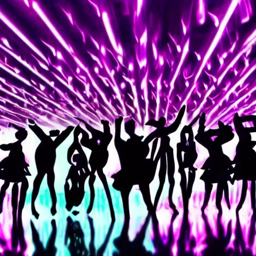 Prompt: dark dancing silhuettes in a dance club, colorful lights, dramatic lighting, a lot of energy, still from an anime by studio ghibli