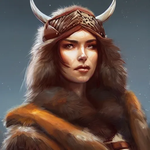 Image similar to female barbarian warrior in furs, art by artgerm and greg rutkowski and magali villeneuve, d & d, fantasy, portrait, highly detailed, headshot, digital painting, trending on artstation, concept art, sharp focus, illustration