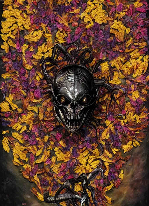 Prompt: millions of colorful dried flowers in the form of a xenomorph from Ridley Scott’s movie Alien, in the style of Rembrandt and Giger, dark and moody masterpiece, trending on ArtStation, trending on DeviantArt