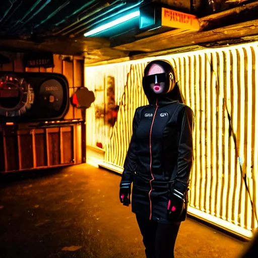 Prompt: photograph of a retro techwear women near the bar of a packed busy rundown nightclub, retrofuturism, brutalism, cyberpunk, sigma 85mm f/1.4, 15mm, 35mm, tilted frame, long exposure, 4k, high resolution, 4k, 8k, hd, wide angle lens, highly detailed, full color, harsh light and shadow