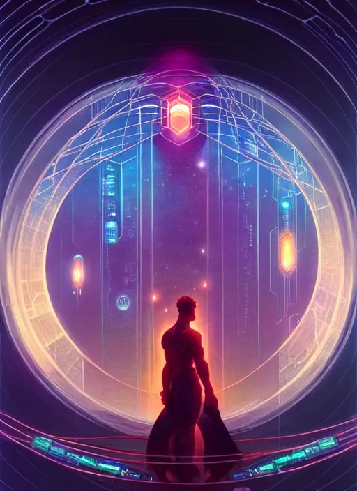 Prompt: high depth, collective civilization unity, calm, healing, resting, life, hybrids, scifi, glowing lights!!, published concept art, mixed medias, image overlays, sharp focus, thin glowing wires, winning illustration, art by greg rutkowski and alphonse mucha, singularity!!!, 3 6 0 projection