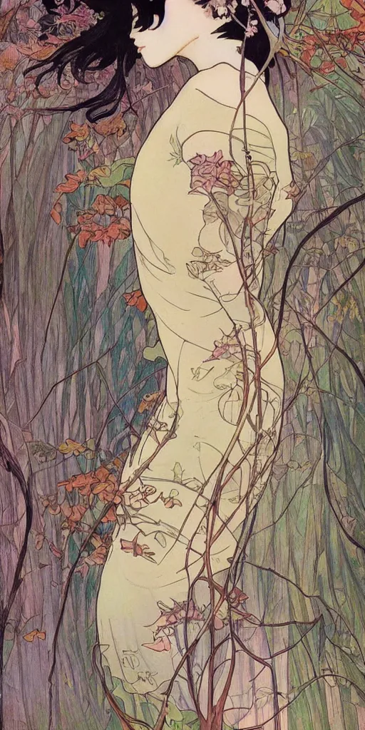 Image similar to a beautiful illustration of a beautiful lady with black hair in a forest in autumn, style of yoshitaka amano and alfons mucha