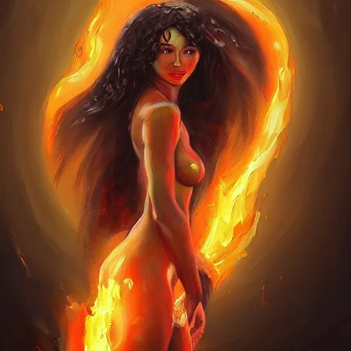 Prompt: A beautiful painting of a goddess with a body of flames by Andrews Esao, fantasy, Trending on artstation.