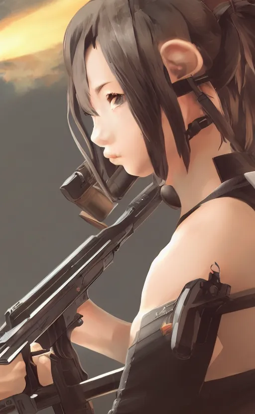 Image similar to highly detailed, high resolution, character design art, stunning, volumetric lightning, realistic guns, girls frontline style, matte, sharp focus, 150mm, illustration, artstation, by kuvshinov ilya, professional result, realistic anatomy, simple design