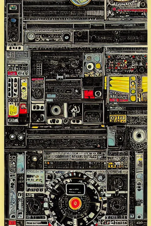 Prompt: infographic about an old tape machine robot by Dan Mumford , stanley donwood, fred tomaselli