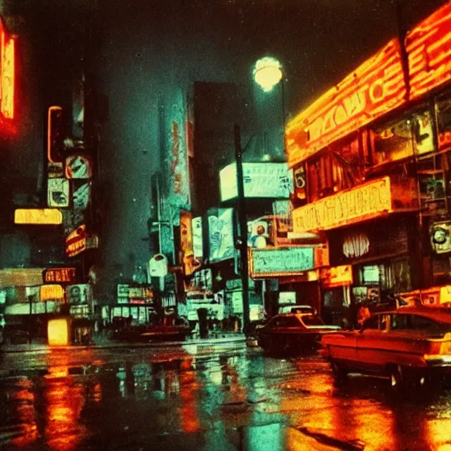 Prompt: kodachrome photograph, saturated photo, 1 9 6 7 cyberpunk city during a melancholy rainy night