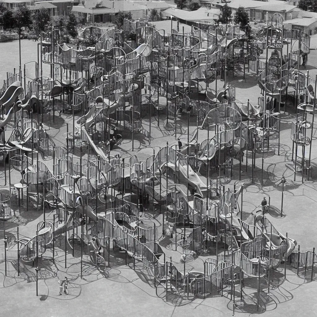 Image similar to 1 9 7 0 s photo of a vast incredibly - large complex tall many - level playground in a crowded schoolyard. the playground is made of wooden planks, rubber tires, metal bars, and ropes. it has many spiral staircases, high bridges, ramps, balance beams, and metal tunnel - slides. highly - detailed high - resolution photograph.