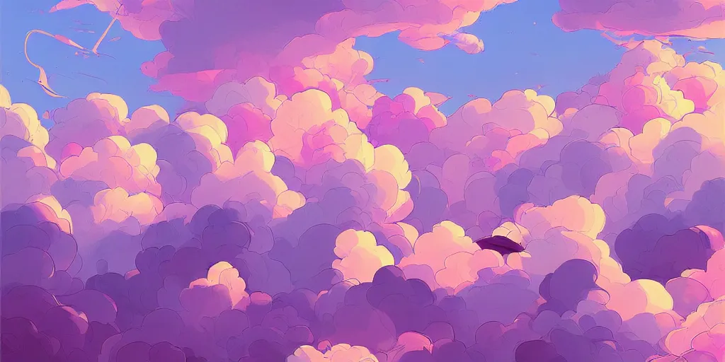 Prompt: clouds in the sky, pink and purple, digital art, blue sky, vivid colors, artgerm, james gilleard, beautiful, highly detailed, intricate, trending on art station