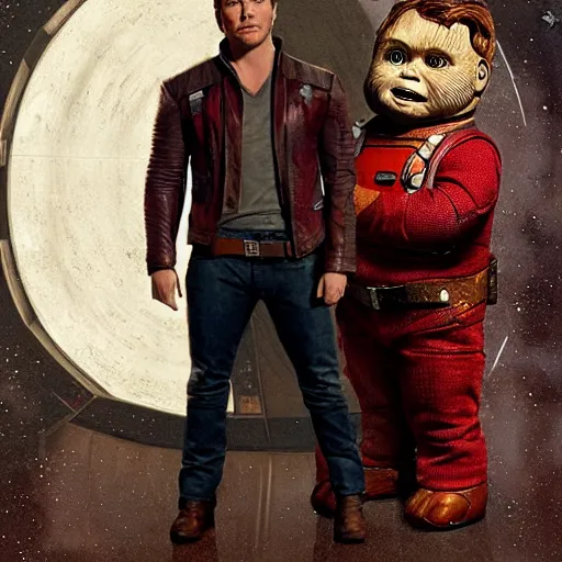 Image similar to the actor chris pratt as star lord posing together with the doll chucky from the movie child's play, inside a starship, oil painting, by greg rutkowski