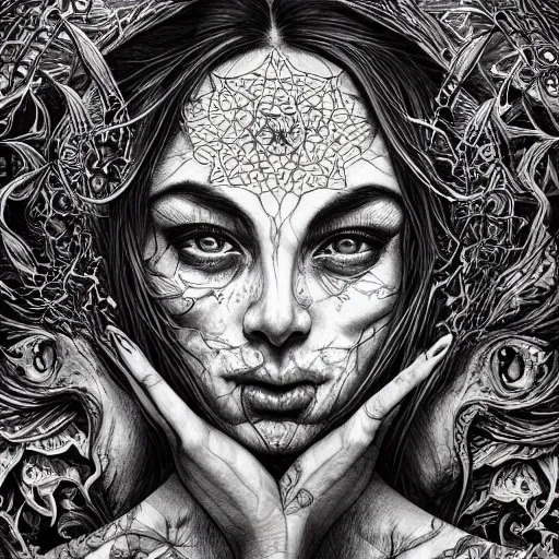 Image similar to life is so beautiful painted in alex grey and cameron gray style drawn by vania zouravliov and takato yamamoto, inspired by ooioo, intricate wood carving, black and white, 3 d, high detail, sharp high detail, artstation, octane