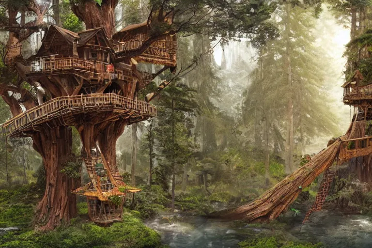 Image similar to various treehouses mounted on giant redwood tree trunks, interconnected by rope bridges, fantasy setting, dense vegetation, very detailed, d & d concept art, 4 k