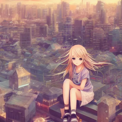 Image similar to a very beautiful anime girl, full body, long wavy blond hair, sky blue eyes, full round face, short smile, cute top, miniskirt, sitting on a miniature city, surround by a miniature crowd,wallpaper by wlop