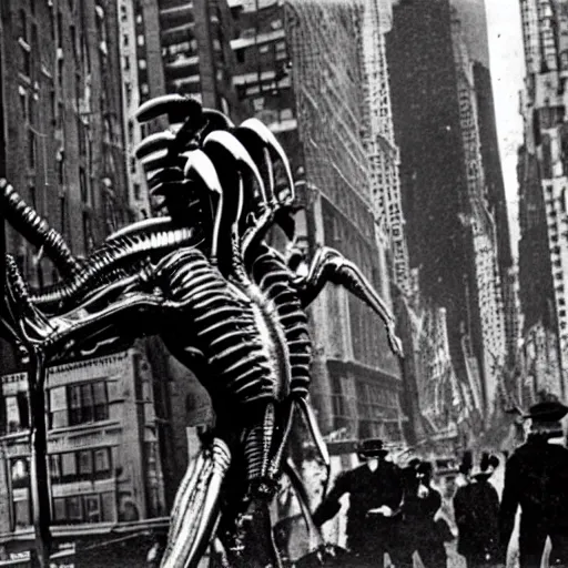 Image similar to old black and white photo, 1 9 1 3, depicting a xenomorph from the movie aliens rampaging through the bustling streets of new york city, historical record