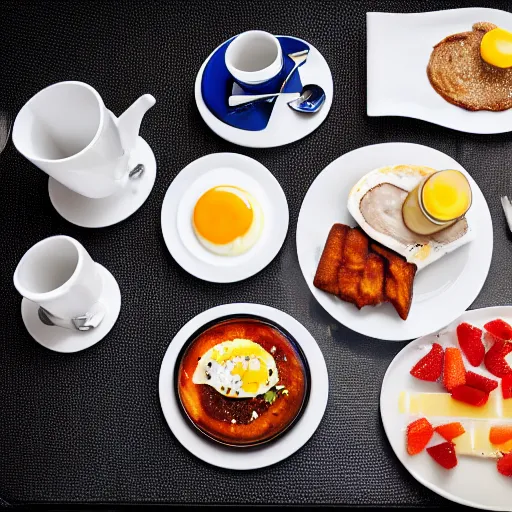 Prompt: American breakfast made of metal, breakfast food, dining table, metallic, food made of metal