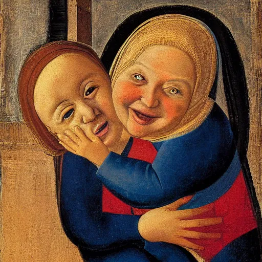 Image similar to painting of a baby that looks like benjamin netanyahu smiling while being held by his mother, by duccio
