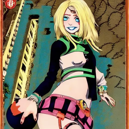 Prompt: blonde girl smiling, JoJo cover art, style of Vento Aureo cover art, style of Stone Ocean cover art, style of Steel Ball Run cover art, style of JoJolion cover art, illustrated by Hirohiko Araki