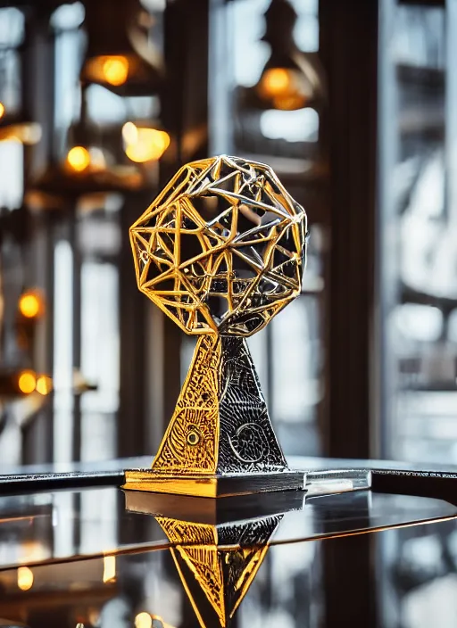 Image similar to a tall reflective very symmetrical biomechanical polyhedral 3 d printed steel ornate, intricate, engineering trophy at a high end bar in golden afternoon light, professional food photography