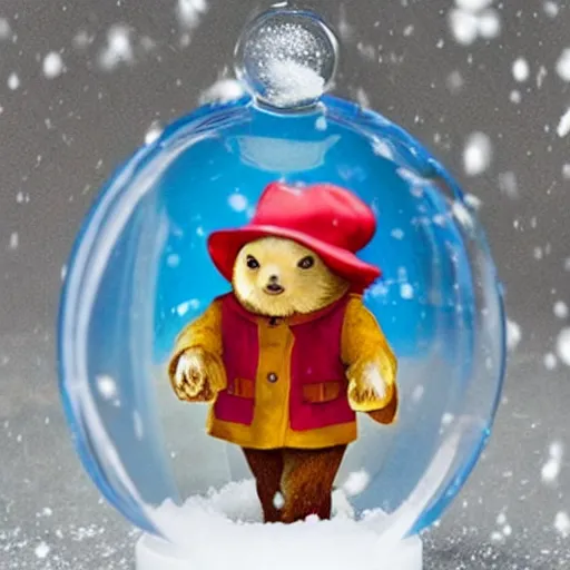 Image similar to Paddington Bear trapped in a snow globe