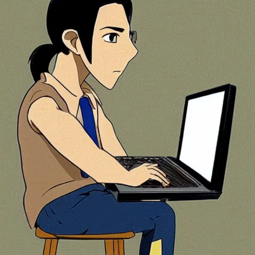 Prompt: tanned guy with long black hair using a laptop, art by hayao miyazaki, studio ghibli film