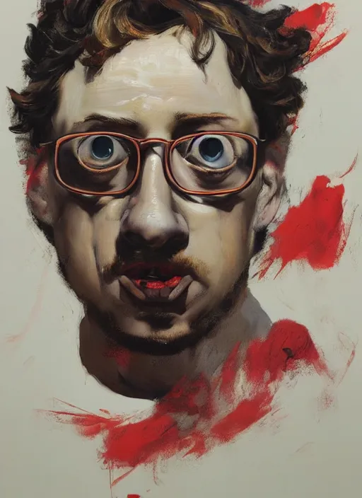 Image similar to bloated red faced sam hyde, straining, bulging eyes, painting by phil hale, fransico goya,'action lines '!!!, graphic style, visible brushstrokes, motion blur, blurry