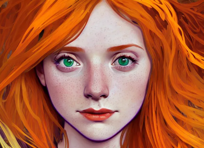 Image similar to portrait of a beautiful smiling girl with orange hair and freckles, green eyes, highly detailed, digital painting, concept art, smooth, sharp, focus, background is purple, trending on deviantart, alphonse mucha