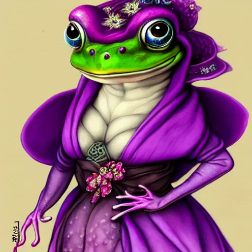 Prompt: cute purple female frog in enchanted rococo hanbok, full character, concept art, trending on artstation, in the style of alexander mcqueen, alexander jansson, jean - baptiste monge, george frederic watts