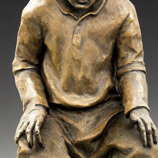 Image similar to high resolution photograph of a bronze cast sculpture of a sad peasant boy in the style of edmund kalb