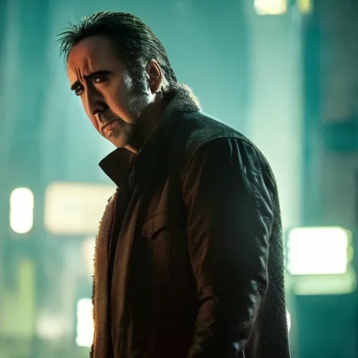 Image similar to production still of Nicolas Cage in Blade Runner 2049