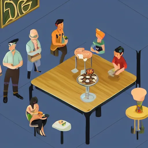 Image similar to barista at customers table : cafe serves cannabis cake for the first time in australia, isometric illustration fun, render in pixar, by darwyn cooke