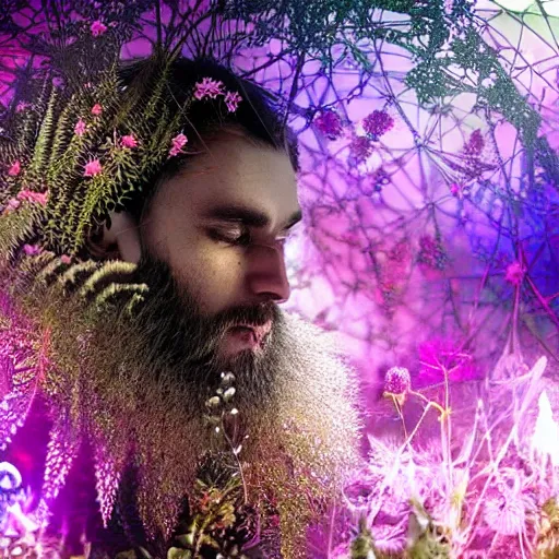 Image similar to a male knight with beard, stern face, clear eyes, shining armour made of steel, and fractal hair, fighting the darkness in a fractal garden, glowing delicate flower, berries and ferns that grow in a dark flowering fantasy forest, full frame,