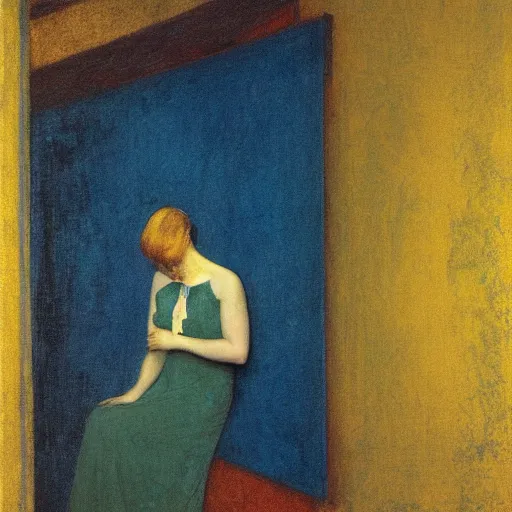 Image similar to close up of a girl in a blue and gold haunted liminal abandoned room, film still by edward hopper, by Pontormo, by klimt, pre-raphaelite, art noveau, highly detailed, strong lights, liminal, eerie, Bright pastel colors