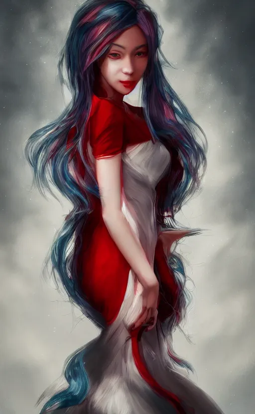 Image similar to the prettiest woman with silver blue hair, in a red and white dress portrait, dynamic lighting, fantasy concept art, trending on art station, stunning visuals, creative, cinematic, ultra detailed, ray tracing, sun rays, hyper realistic