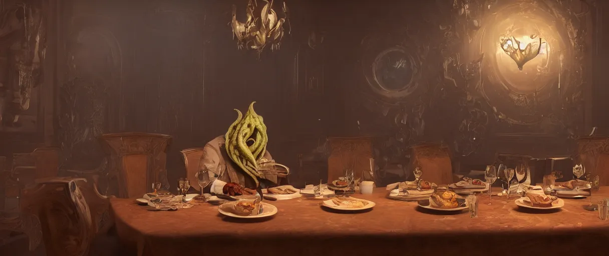 Prompt: a beautiful painting of cthulu dining at a fancy restaurant sitting across the table from a blind date | unreal engine :. 4 | global illumination, radiant soft light, detailed, intricate :. 6