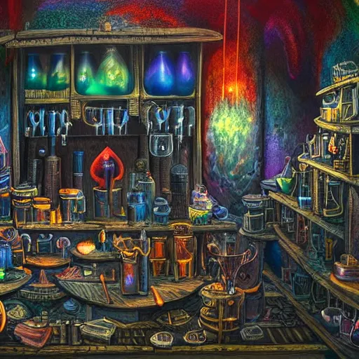 Prompt: dark mysterious scene of these monsters are consumed by fire, yet they remain unharmed. they are surrounded by the tools of the alchemist's trade - beakers and test tubes full of colorful liquids, crystals, and books of ancient knowledge. the scene is suffused with an eerie glow, as if something magical is happening here.