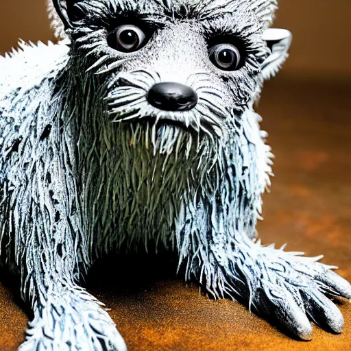Image similar to photo taken of an epic intricate, ultra detailed, super realistic gritty, wet, lifelike sculpture of an cute furry monster with bioluminescent patches of skin created by weta workshop, zoomed in shots, subsurface scattering, photorealistic, sharp focus, white wall coloured workshop, cold colour temperature, f 0. 4, face centred, golden ratio