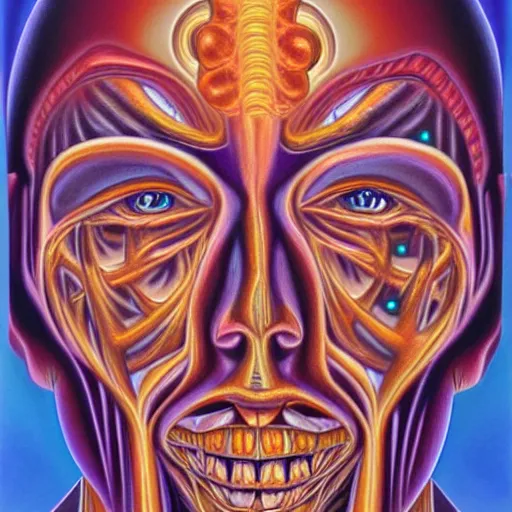 Image similar to enlightened biomechanical a. i, oil painting by alex grey