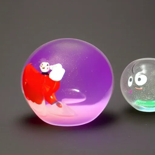 Image similar to translucent gelatin orb filled with cartoon characters