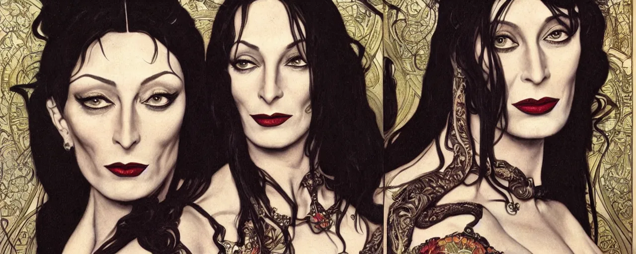 Image similar to stunning exotic art nouveau portrait of anjelica huston and morticia addams as industrial dieselpunk queens of the night by glenn fabry, simon bisley and alphonse mucha, photorealism, extremely hyperdetailed, perfect symmetrical facial features, perfect anatomy, ornate declotage, spikes, latex, confident expression, wry smile, sinister eyes