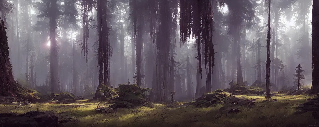 Prompt: the forest landscape from star wars in the artstyle of finnian macmanus, john park and greg rutkowski