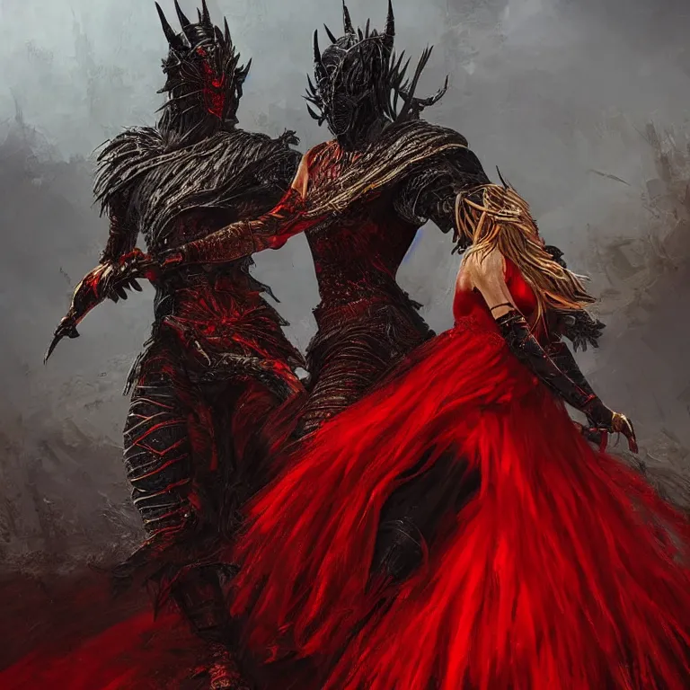 Prompt: beautiful painting of black man and a female devil in red dress are dancing together, in style of Dark Souls 3 and Elden Ring, fantasy matte painting, golden ratio, trending on cgsociety, cinematic, trending on artstation, highly detailed, vibrant