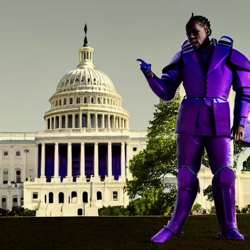 Prompt: Pusha T standing in front of Washington DC capitol hill in the 19th century wearing purple and blue robot mech armour suite in naturalistic technique, bold brushwork, light and shadow, depth. Sense of movement H 576