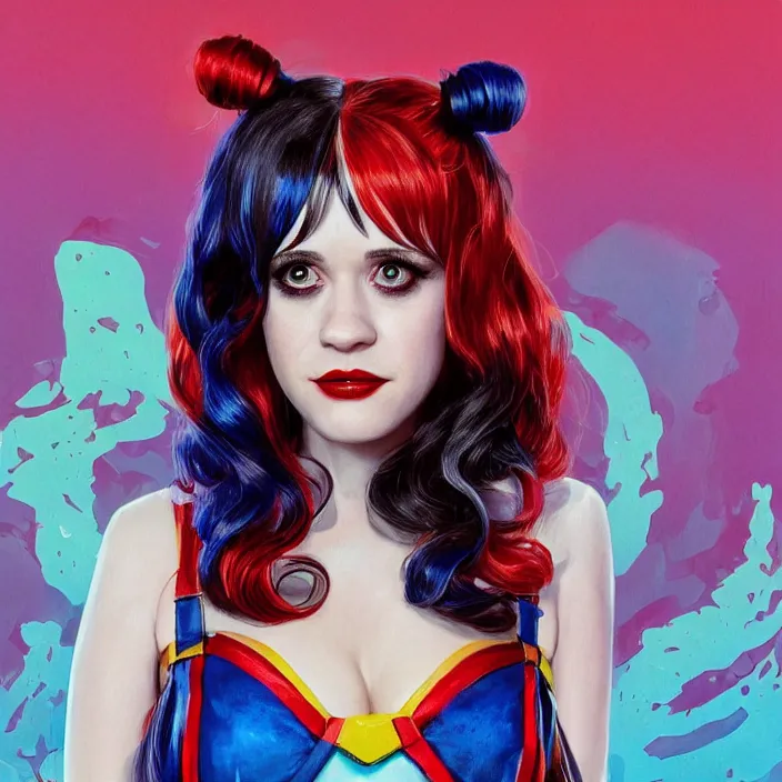 Image similar to portrait of Zooey Deschanel as a harley quinn. intricate abstract. intricate artwork. by Tooth Wu, wlop, beeple, dan mumford. octane render, trending on artstation, greg rutkowski very coherent symmetrical artwork. cinematic, hyper realism, high detail, octane render, 8k, iridescent accents