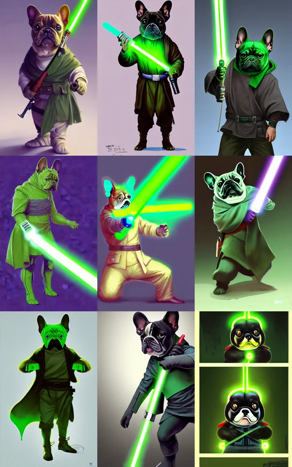Prompt: character concept portrait, jedi french bulldog holding a bright green lightsaber. combat stance. in the style digital painting, concept art, smooth, sharp focus, illustration, from metal gear, by ruan jia and mandy jurgens and william - adolphe bouguereau, artgerm