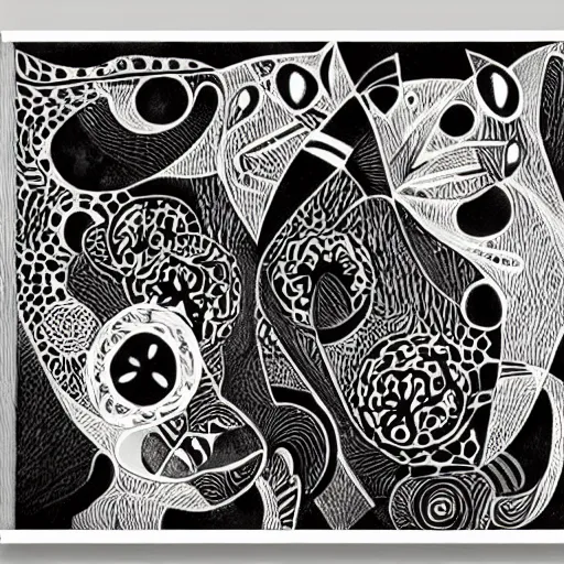 Prompt: A highly stylized conceptual art 4k shaded, finely detailed, matte illustration with intricate patterns of two abstract expressionist cats , their bodies intertwined together in the style of Picasso
