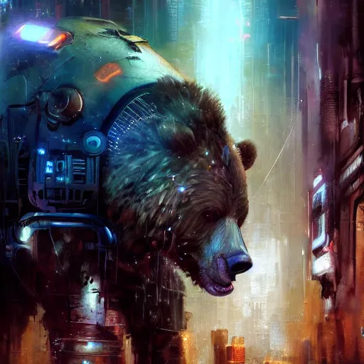 Image similar to brown bear, painting by Raymond Swanland, cyberpunk, sci-fi cybernetic implants hq