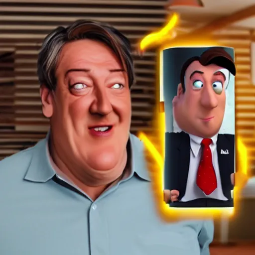 Image similar to photo of [ a single french fry chip ] shaped into stephen fry as a pixar character hybrid intercross mix cinematic lighting