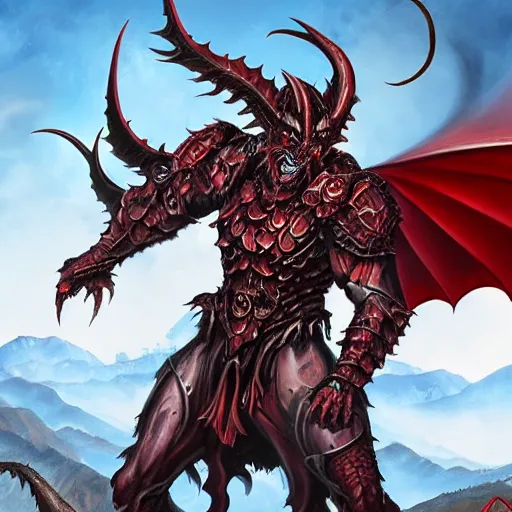 Prompt: am a naranbaatar ganbold, artgerm, man devil in armor made of iron and dragon bones, with hellish big beautiful red devil wings, height detailed body elements, against the background of mountains, ocean, battlefield