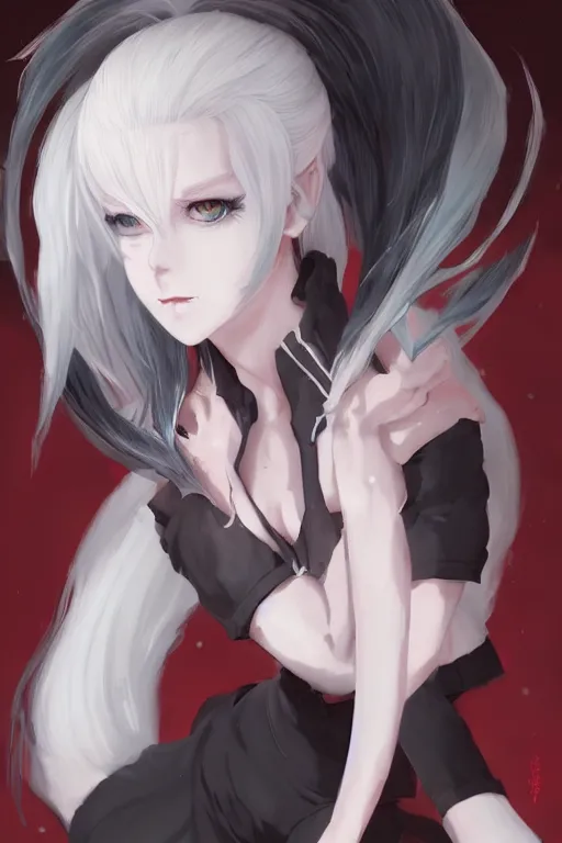 Image similar to A white haired devil girl with horns, anime style, red eyes, cute, in style of Krenz Cushart and Ilya Kuvshinov